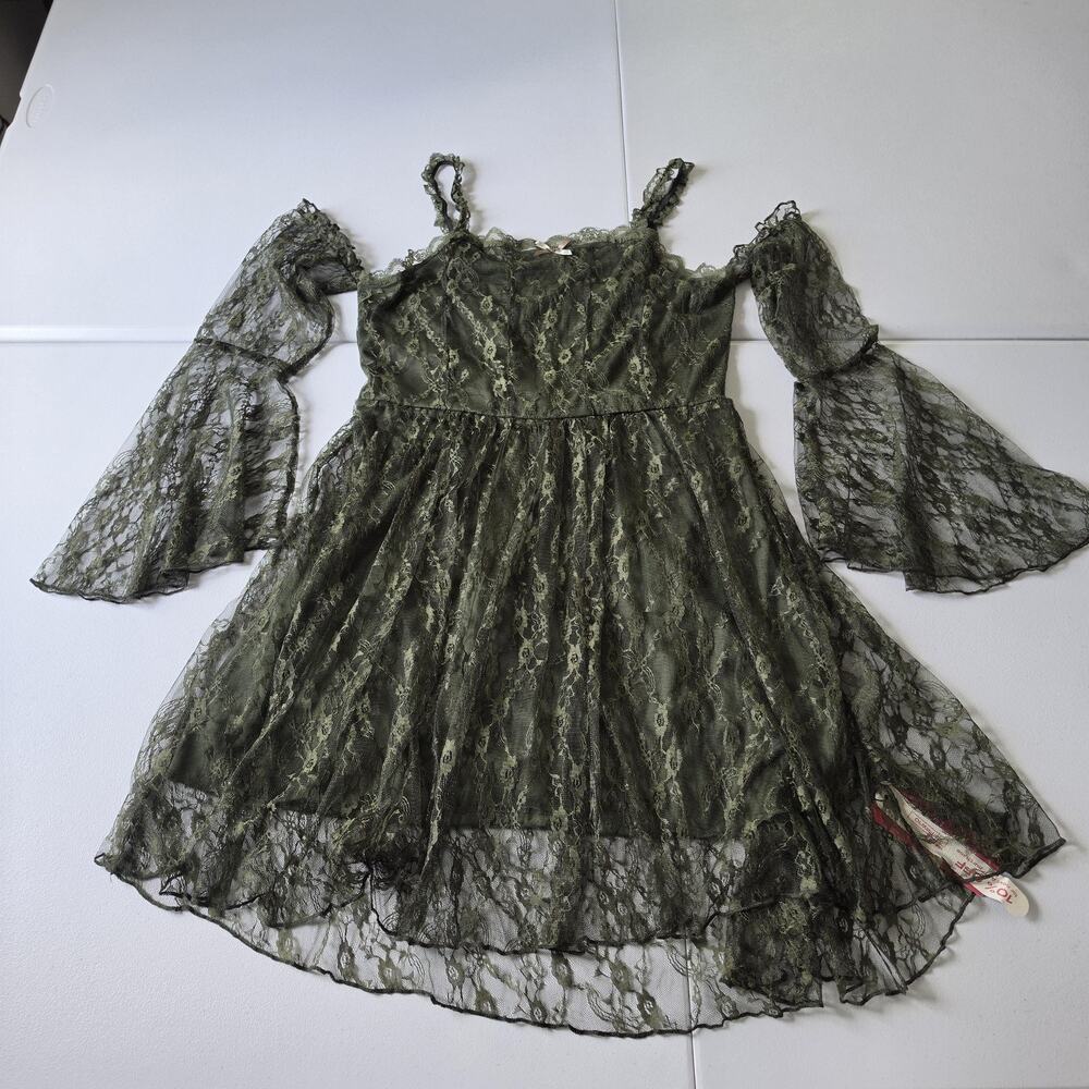 Fairy Grunge Whimsigoth Dress Large Green Lace Off Shoulder Fit & Flare Mini